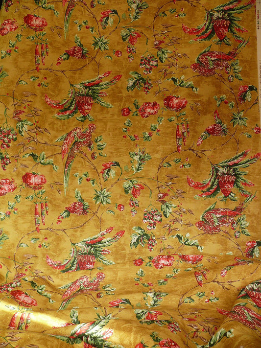 By Yard Scalamandre Dunraven Bird Of Paradise Hand Print Union Cloth Gold Mustard Pink Red Green MSRP USD 442/Y