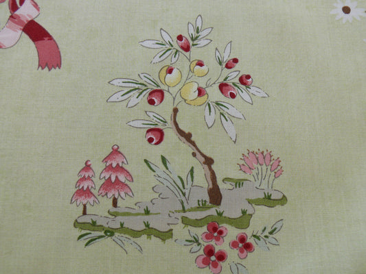 Scalamandre Floreale 100% Cotton Print Celery Green Pink Red Chinoiserie Peach Tree MSRP USD 284/yard