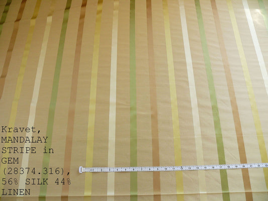 By Yard Kravet Mandalay Stripe Gem Linen & Silk Green Gold Beige MSRP 200+/Y