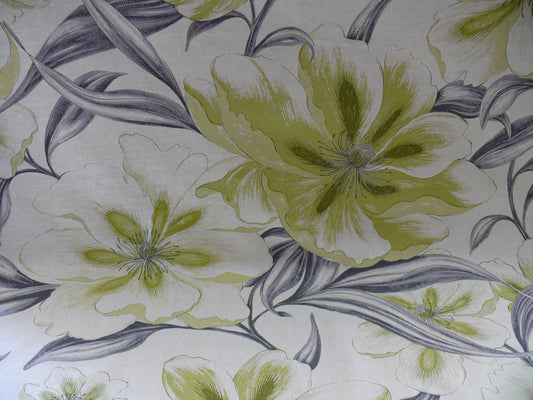 High End Huge Artistic Tulip Flower Print Linen Green Black On Natural Flower