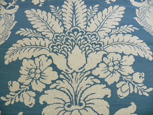 Brunschwig & Fils Gaston Y Daniella Tebas Lapis Blue Damask Floral Block Print by Hand Cotton- By The Yard