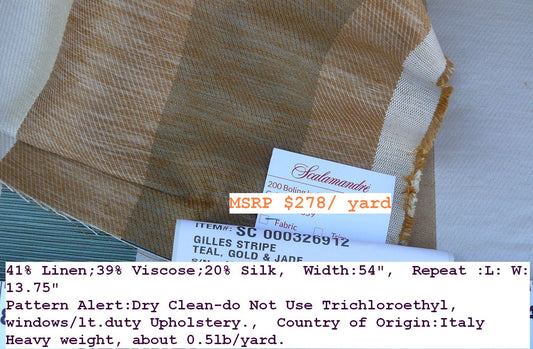 Scalamandre Gilles Stripe Teal Blue Gold Jade Classy Silk Linen Jacquard Heavy Stripe MSRP278/y