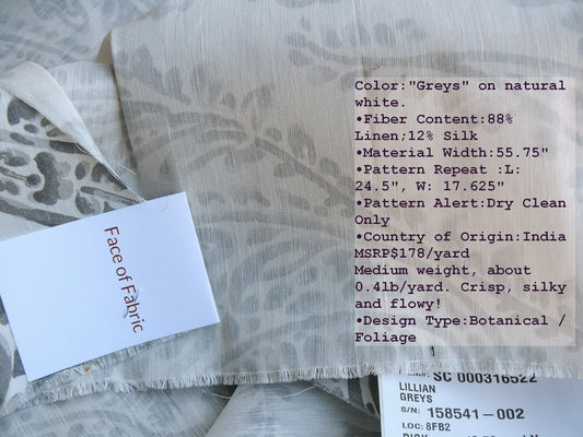 Scalamandre Lillian Silk Linen Paisley "greys" White Print MSRP USD 178Y