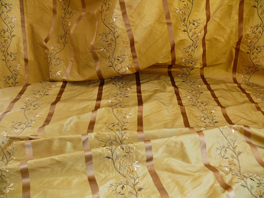 Kravet 100% Silk Embroidery Lily Stripe Gold Bronze White Flowers MSRP $200+/Y