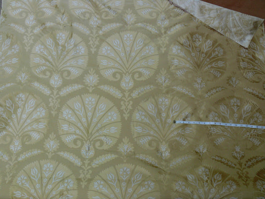 100%silk Lampas Tulip Fan Damask 536 "flax" Off White Beige Gold Bty MSRP USD296/y!