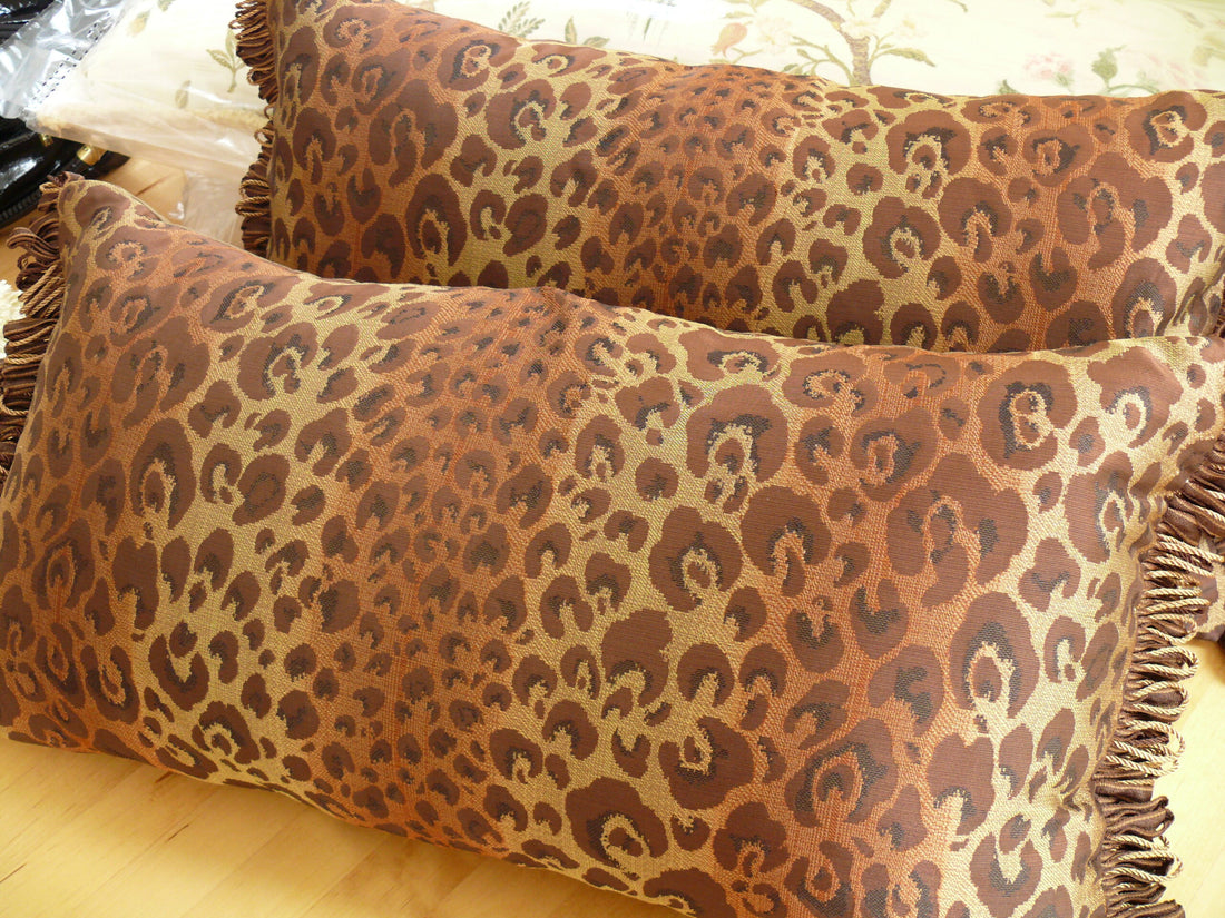 100% Silk Cheetah Tiger Jarquard Brown Gold Red Pillows