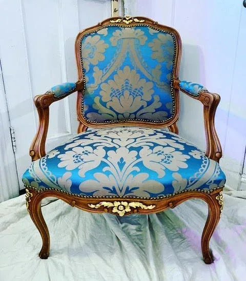 Vervain Blue Damask Upholstered Chair