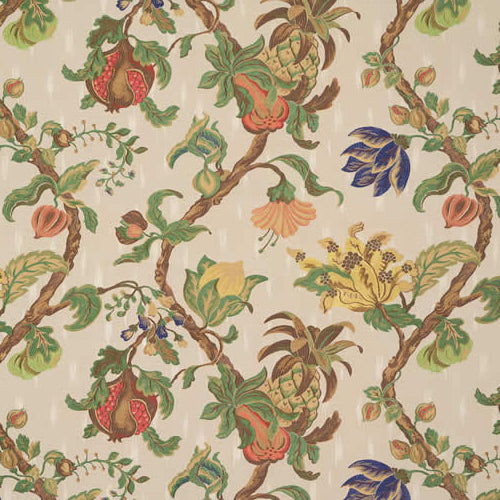 Vervain Bellary Vine Eggshell Yellow Blue Red Brown on Beige Off White  Flowers & Fruit Lampas Cotton- Special Order - MSRP USD 480/y
