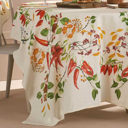 Garnier Thiebaut Piments Doux Caliente Spices and Red Peppers Green Gold Tablecloth 61"x61", Cotton-Linen Blend