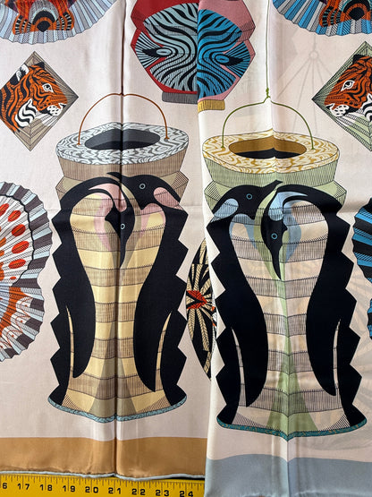 Art Scarf Lattern Festival Animal Kingdom Bird Fish High End 100% Silk Twill Scarf Huge 40”