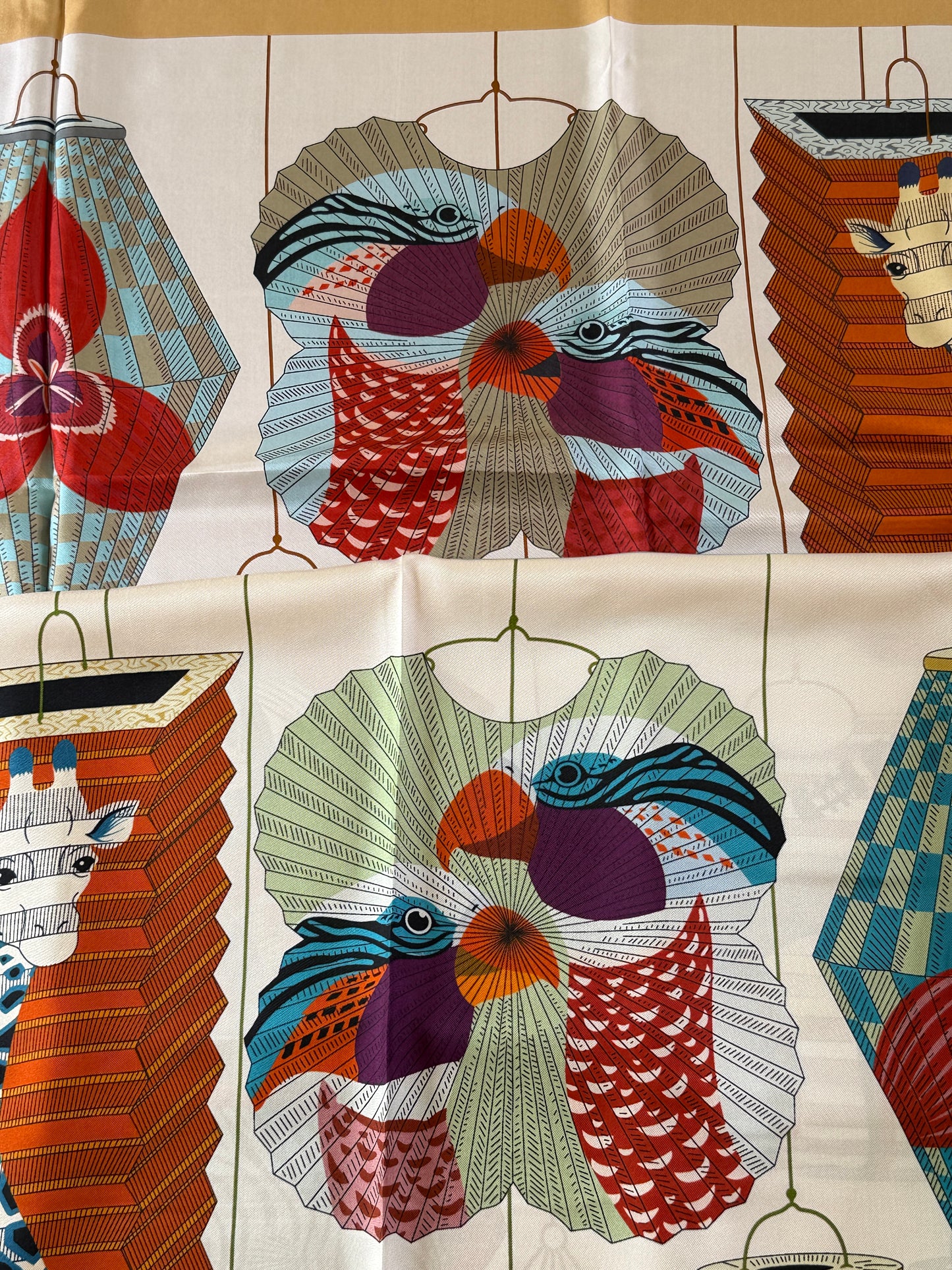 Art Scarf Lattern Festival Animal Kingdom Bird Fish High End 100% Silk Twill Scarf Huge 40”