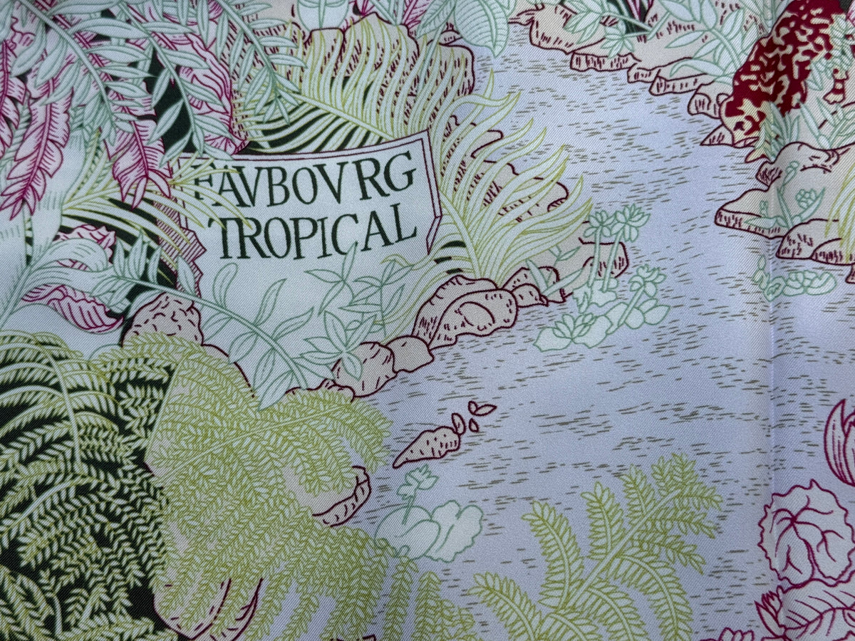 Art Scarf Leopard River Resort Tropical Jungle Waterfall Mint Green Fuschia Pink High End Silk Twill Scarf Double Sided