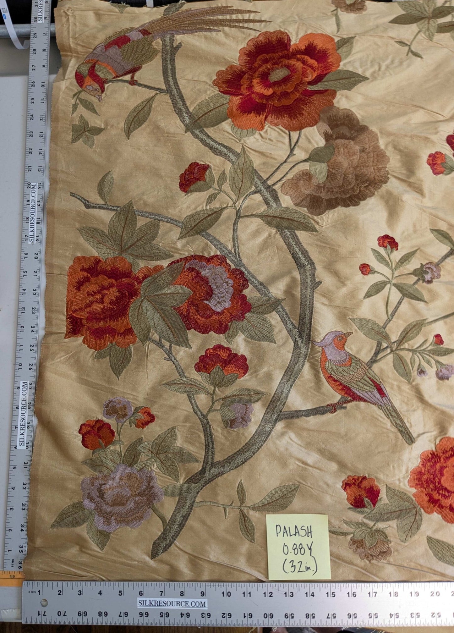 0.88Y Scalamandre Palash Embroidery Parrot Bird Flower Tree of Life Palampore Tree Peony Red Gold Chinoiserie MSRP USD 332/yard