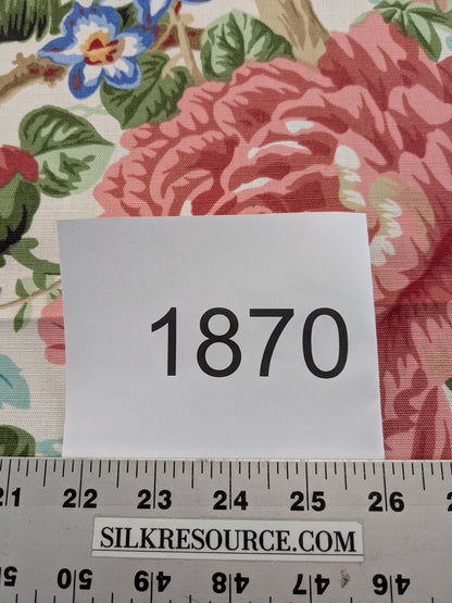 Historical Bella Flora Tropical Floral Chintz Linen Cotton Print Fabric- Pink on White from UK