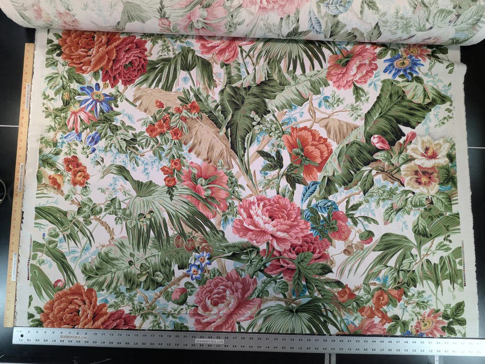 Historical Bella Flora Tropical Floral Chintz Linen Cotton Print Fabric- Pink on White from UK