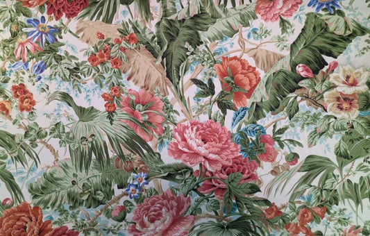Historical Bella Flora Tropical Floral Chintz Linen Cotton Print Fabric- Pink on White from UK
