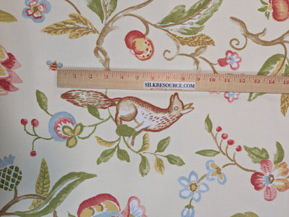 Scalamandre Westchester Cream Green Red Blue Animal Fox Bunny Bird Deer Duck Print Heavy Cotton - By The Yard - MSRP USD 192/Y