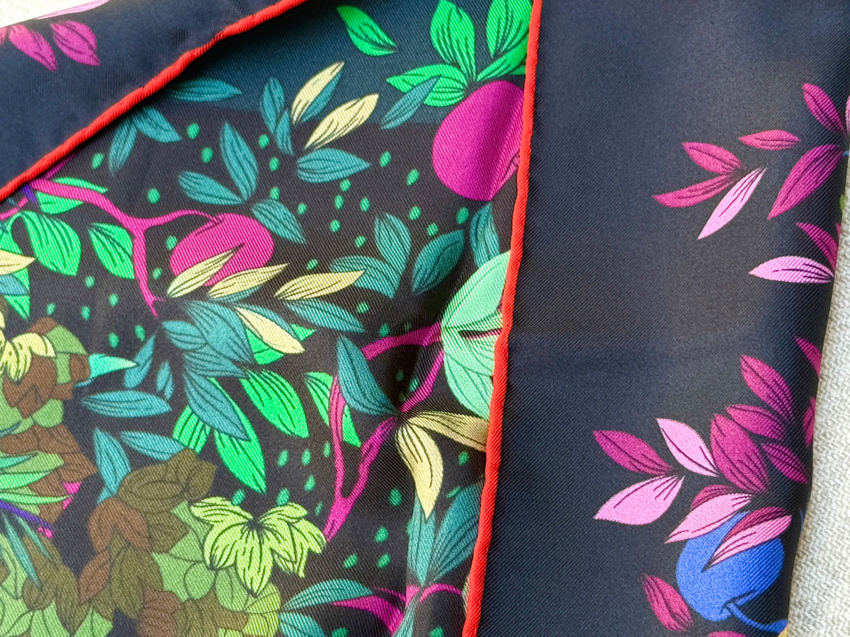 Art Scarf Tropical Resort Jungle Dream Palm Coconut Lemur Zebra Fox Birds Double Sided Purple Red Green High End Silk Twill 41 Inches