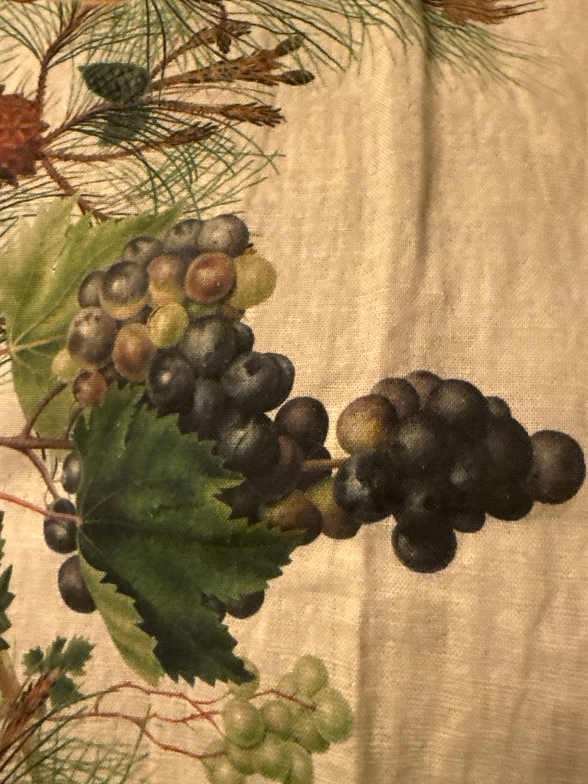 Garnier Thiebaut Table Cloth Mille Delices Boises Naturel Tablecloth, Cotton-Linen Blend, Prewashed large 60x140 inches Grapes Chestnuts Pears Acorn