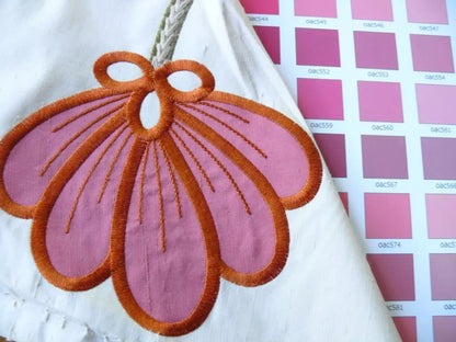 1 yard HiEnd Silk Applique Embroidery Large Crewel Peony Flower Red Orange Cream #1341