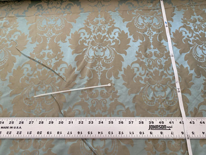 100% Silk Damask Aqua Blue Celadon &amp; Taupe Renaissance Dye Stained