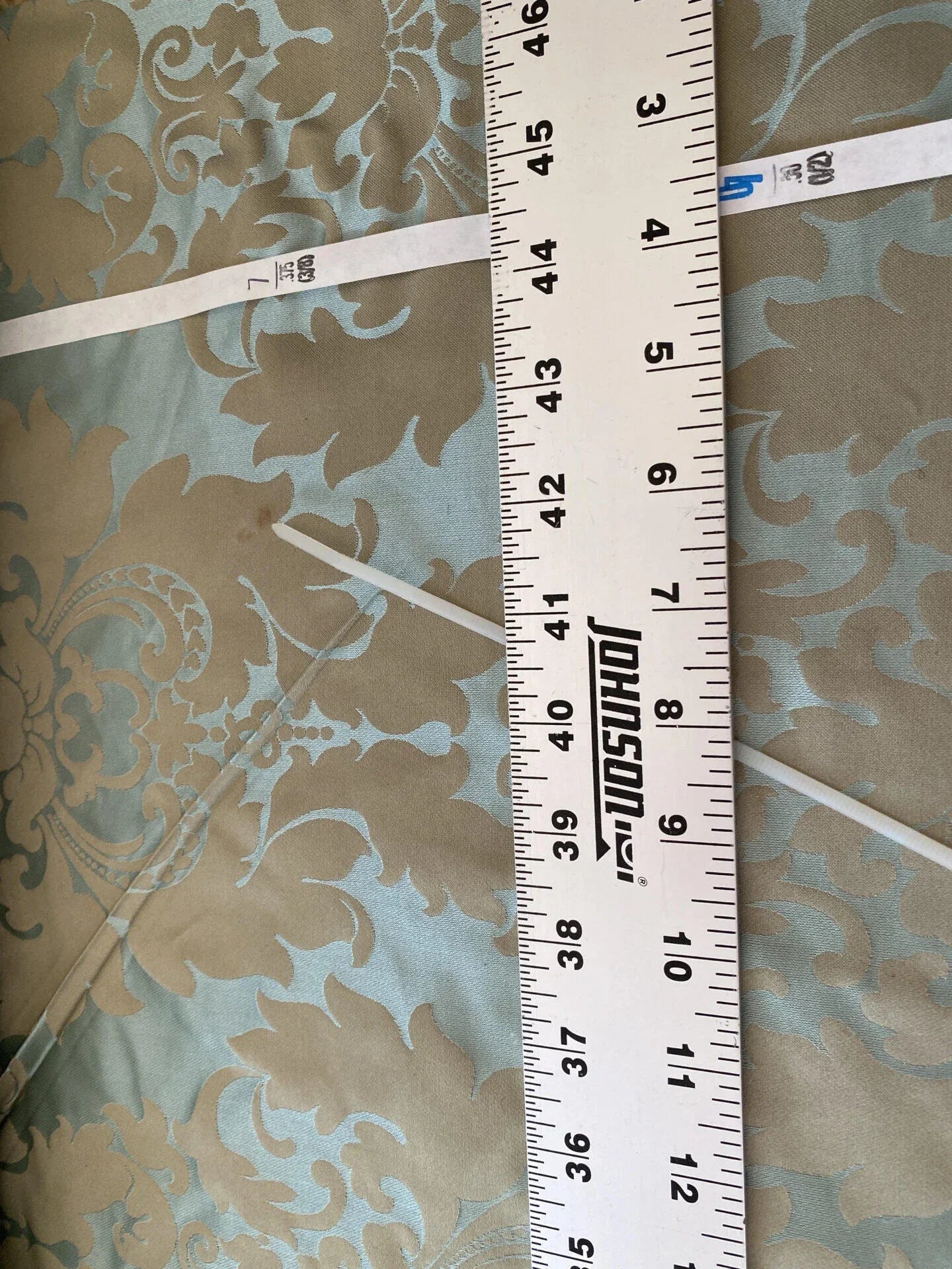 100% Silk Damask Aqua Blue Celadon &amp; Taupe Renaissance Dye Stained