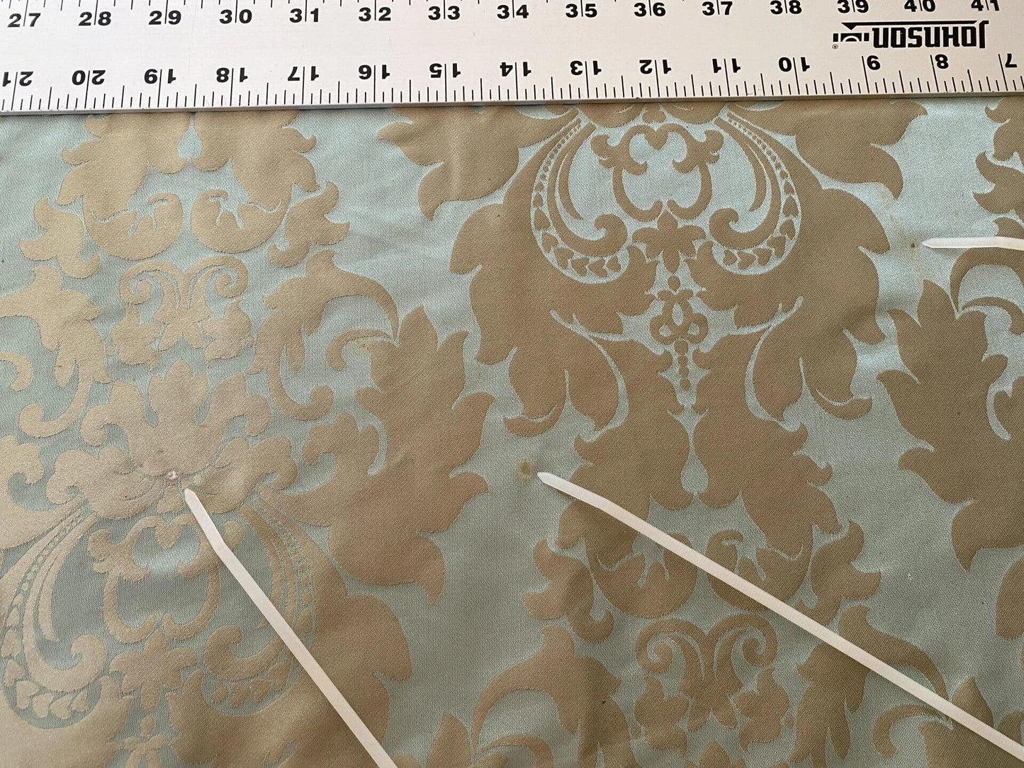 100% Silk Damask Aqua Blue Celadon &amp; Taupe Renaissance Dye Stained