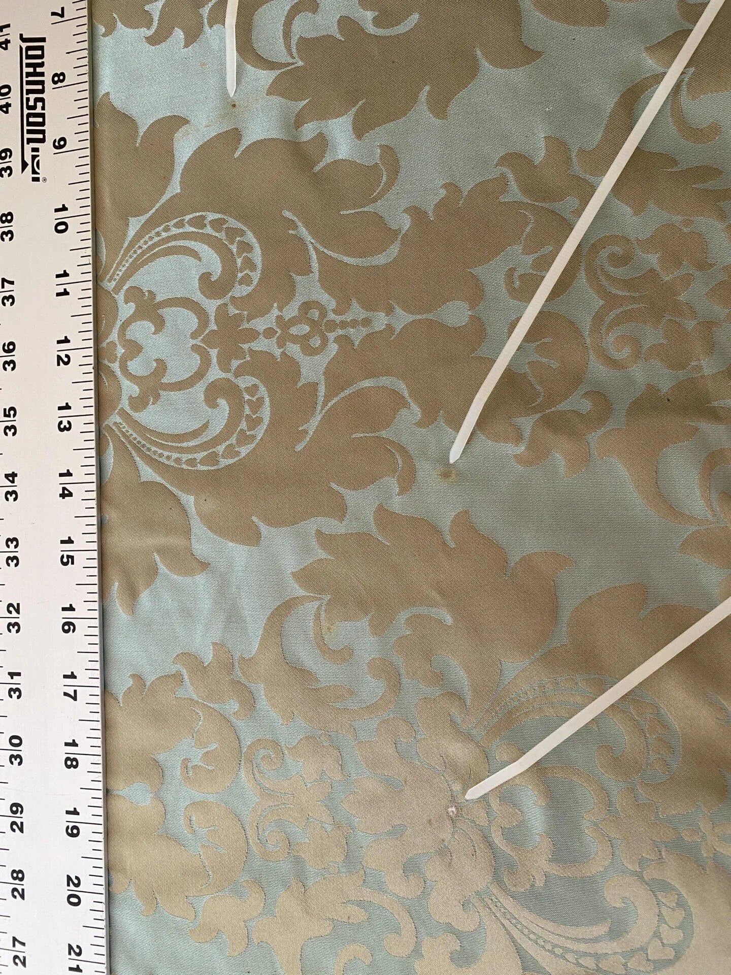 100% Silk Damask Aqua Blue Celadon &amp; Taupe Renaissance Dye Stained