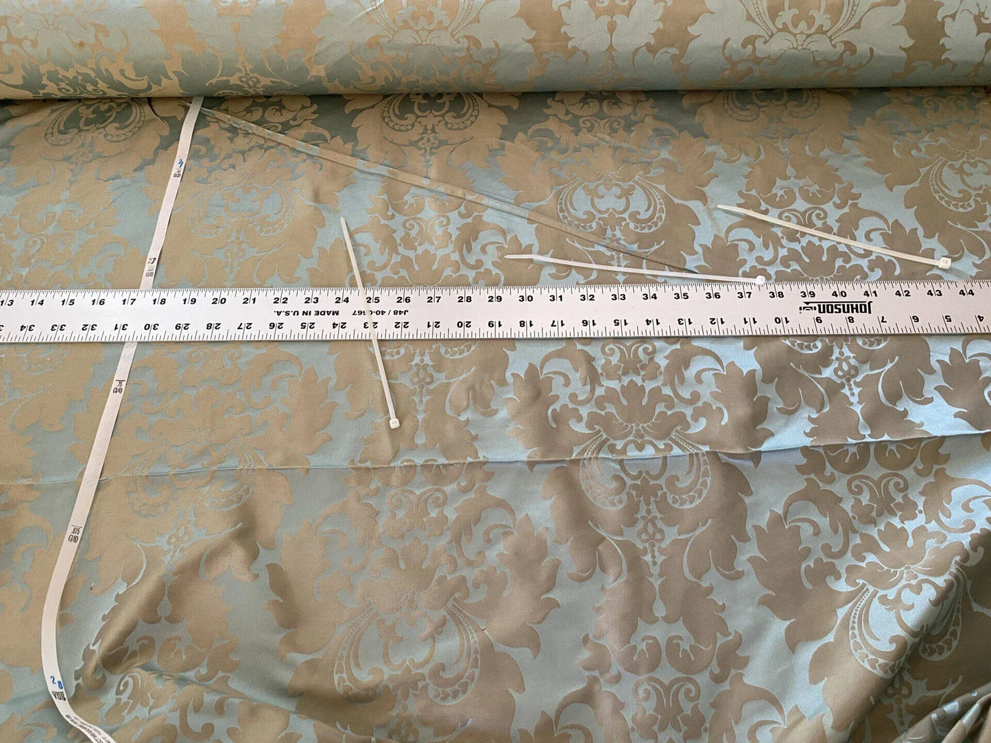 100% Silk Damask Aqua Blue Celadon &amp; Taupe Renaissance Dye Stained