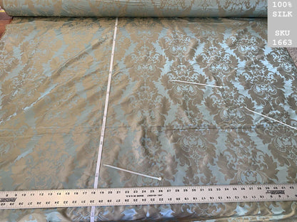 100% Silk Damask Aqua Blue Celadon &amp; Taupe Renaissance Dye Stained