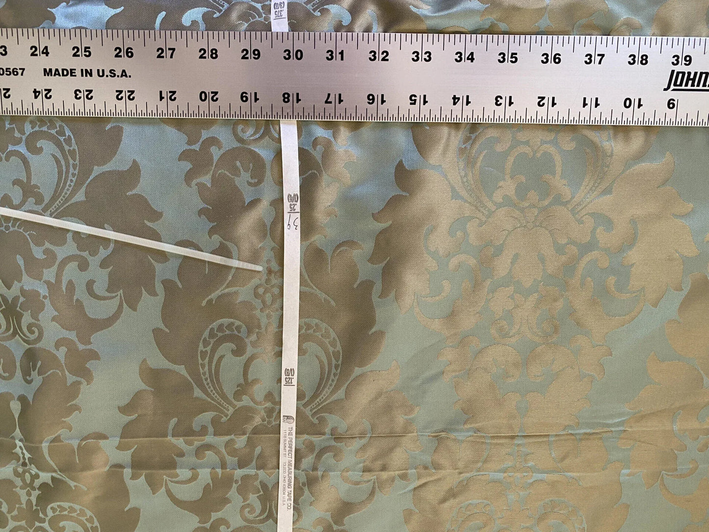 100% Silk Damask Aqua Blue Celadon &amp; Taupe Renaissance Dye Stained