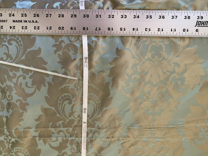 100% Silk Damask Aqua Blue Celadon &amp; Taupe Renaissance Dye Stained