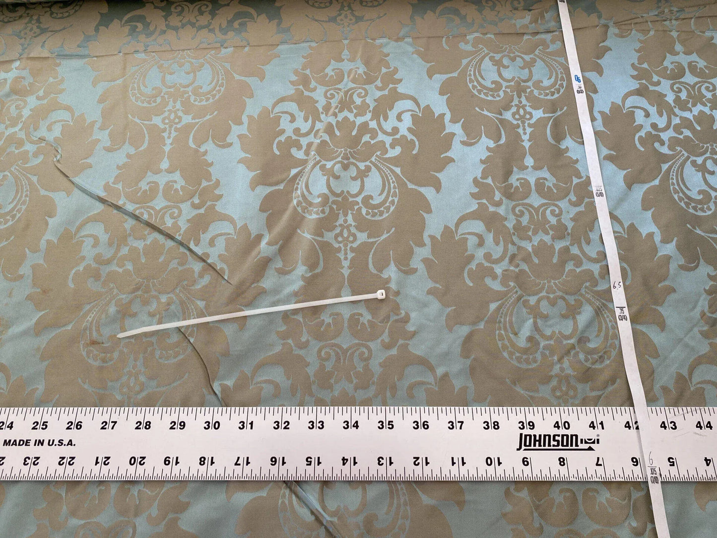 100% Silk Damask Aqua Blue Celadon &amp; Taupe Renaissance Dye Stained