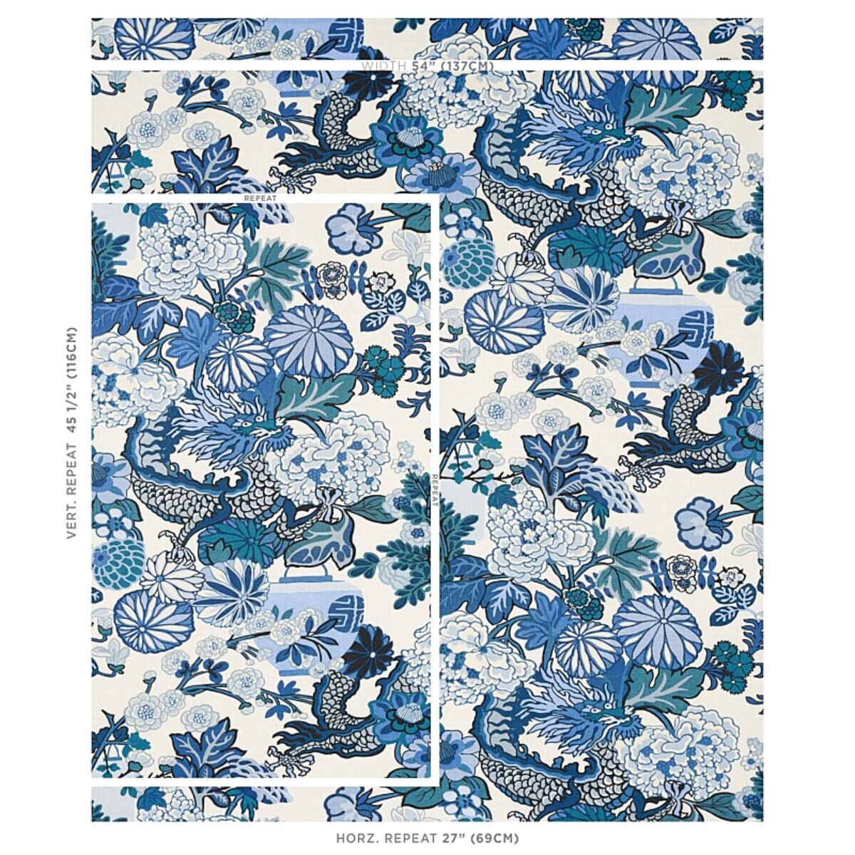 By yard Schumacher Chiang Mai Dragon China Blue Linen Print 173272
