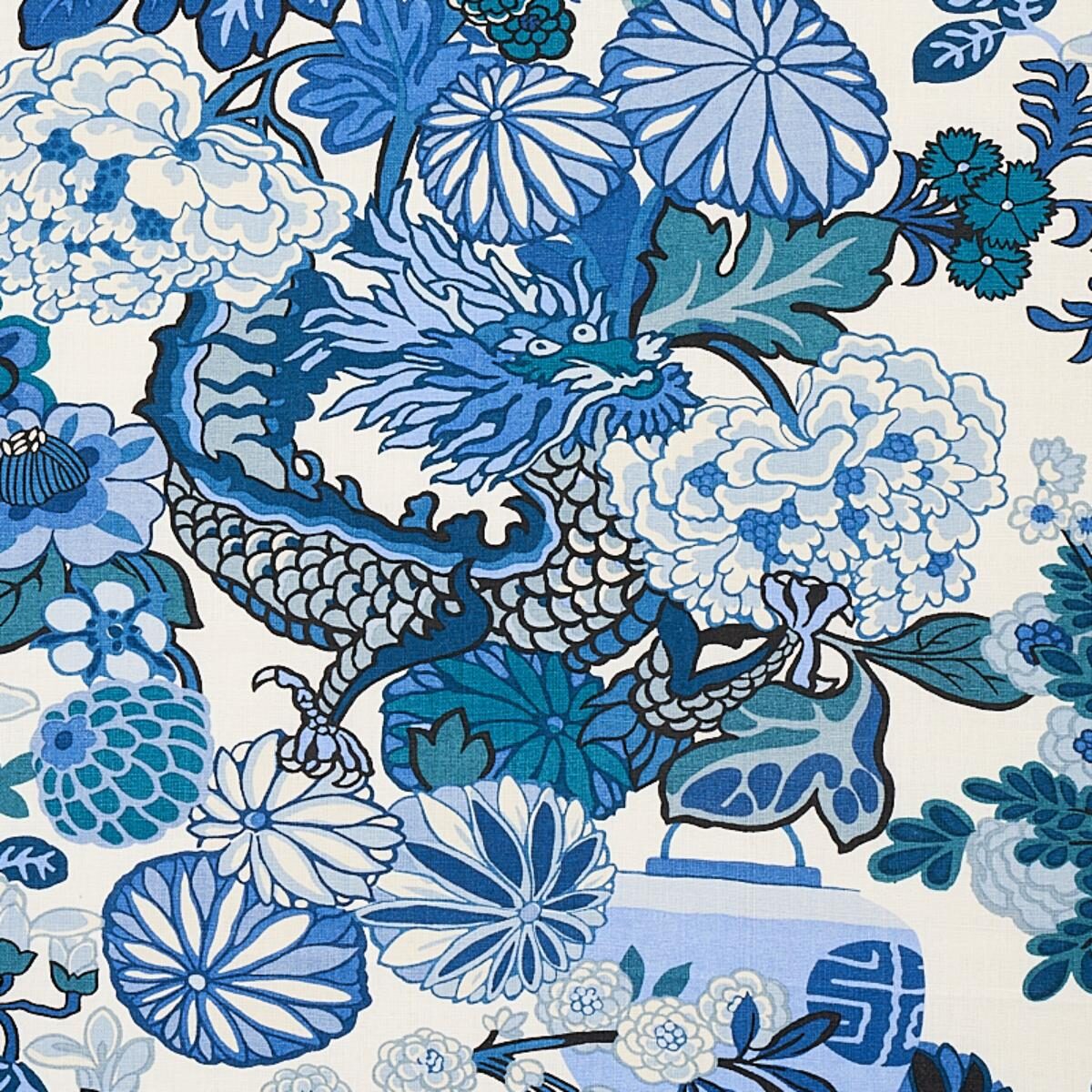 By yard Schumacher Chiang Mai Dragon China Blue Linen Print 173272