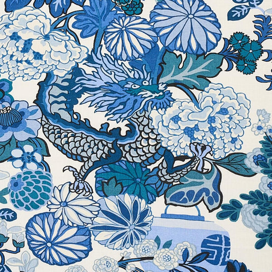 By yard Schumacher Chiang Mai Dragon China Blue Linen Print 173272