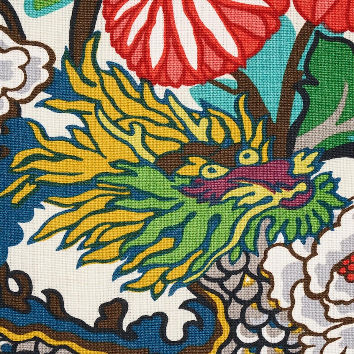 By yard  Schumacher Chiang Mai Dragon Jewel Tones On Alabaster Linen Print 173273