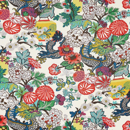 By yard  Schumacher Chiang Mai Dragon Jewel Tones On Alabaster Linen Print 173273