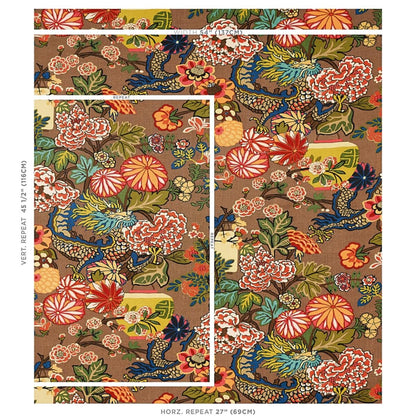 By yard Schumacher Chiang Mai Dragon Jewel Tones / Mocha Linen Print 173274
