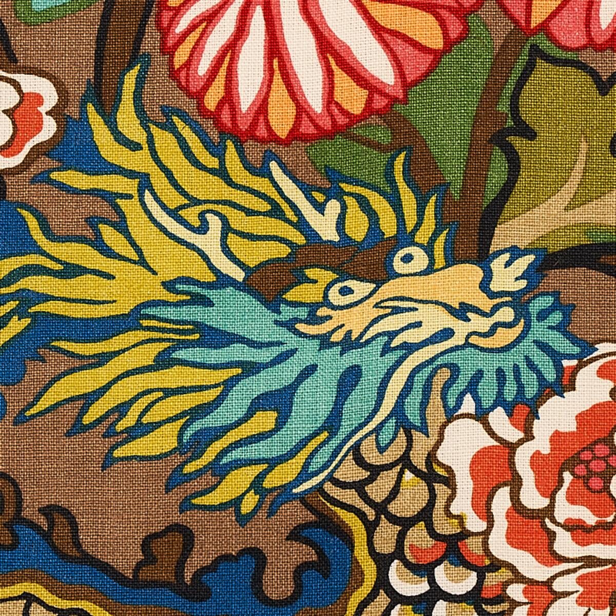 By yard Schumacher Chiang Mai Dragon Jewel Tones / Mocha Linen Print 173274