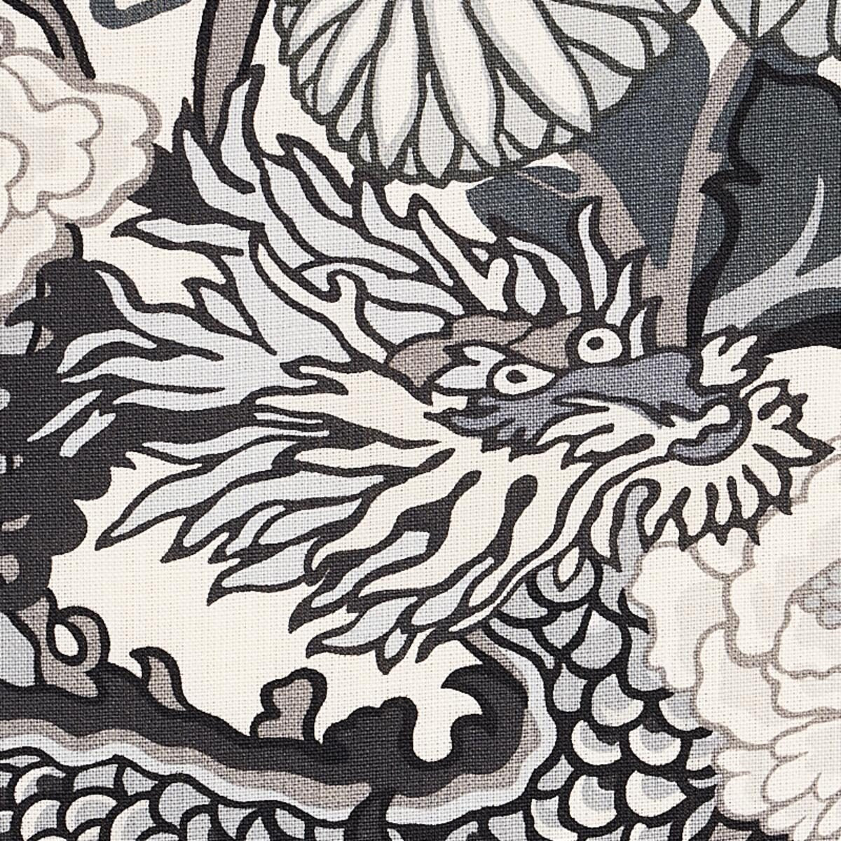 By yard Schumacher Chiang Mai Dragon Black /grey On Smoke Linen Print 173276