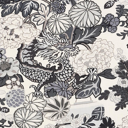 By yard Schumacher Chiang Mai Dragon Black /grey On Smoke Linen Print 173276