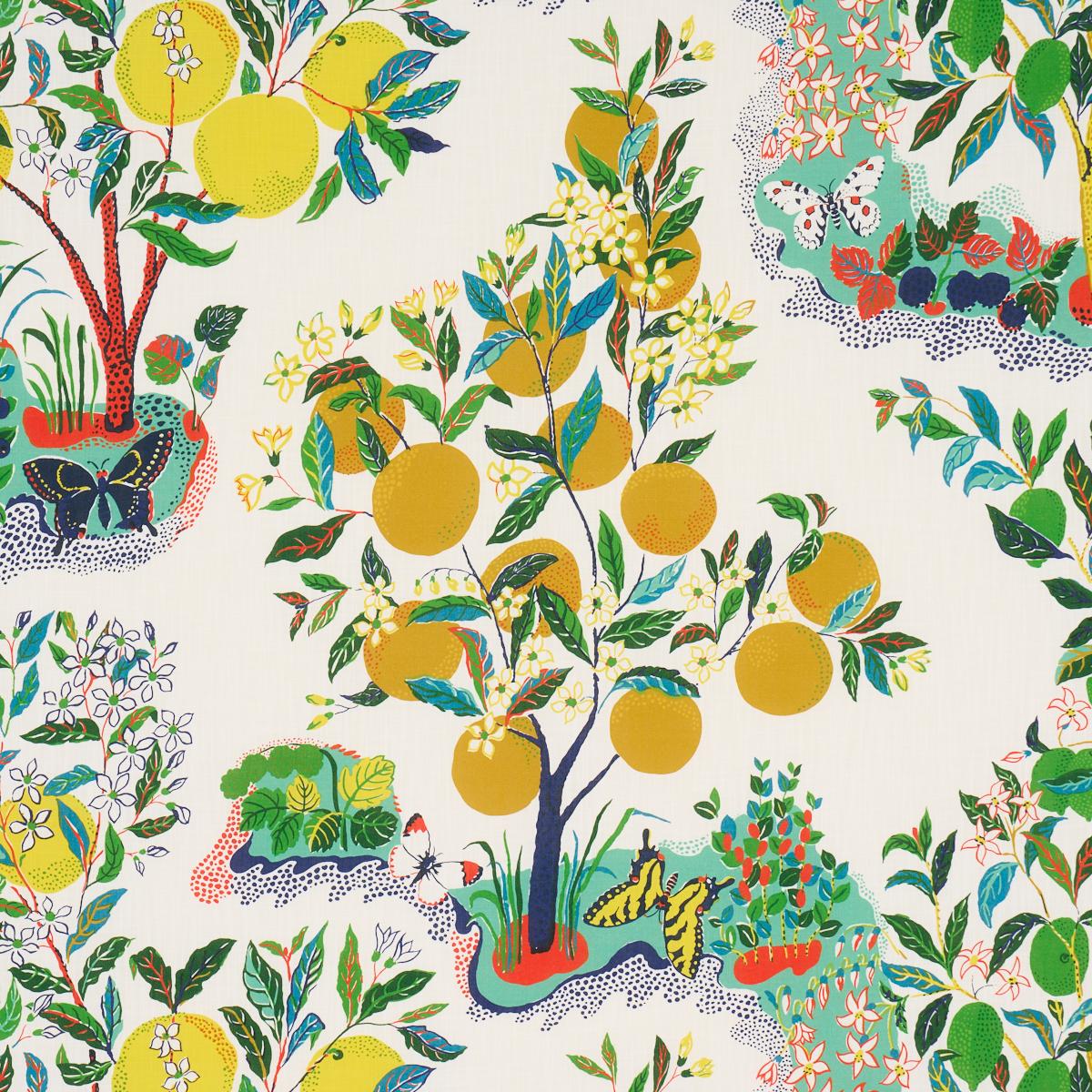 Schumacher Citrus Garden Indoor/Outdoor in Primary Yellow Green Red Trees Toile Polyester Fabric Multi