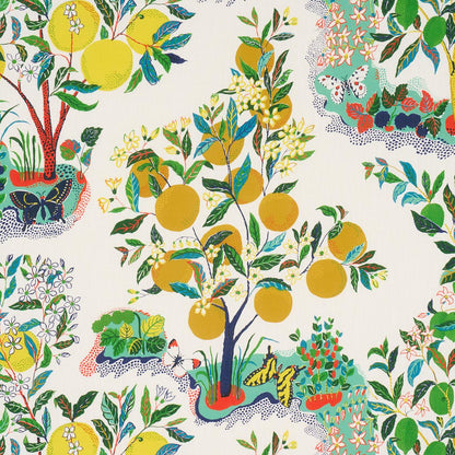 Schumacher Citrus Garden Indoor/Outdoor in Primary Yellow Green Red Trees Toile Polyester Fabric Multi