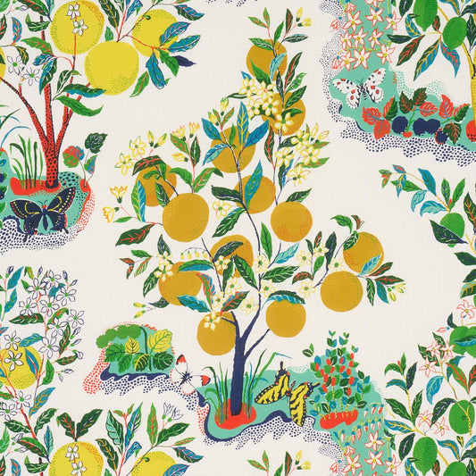 Schumacher Citrus Garden Indoor/Outdoor in Primary Yellow Green Red Trees Toile Polyester Fabric Multi