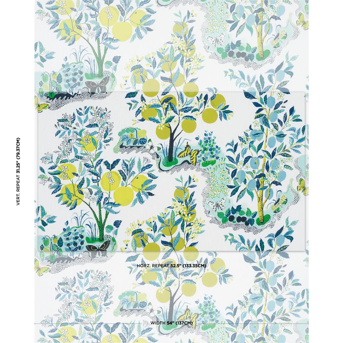 Schumacher Citrus Garden Indoor/Outdoor in Pool Blue Yellow Green Trees Toile Polyester Fabric Multi