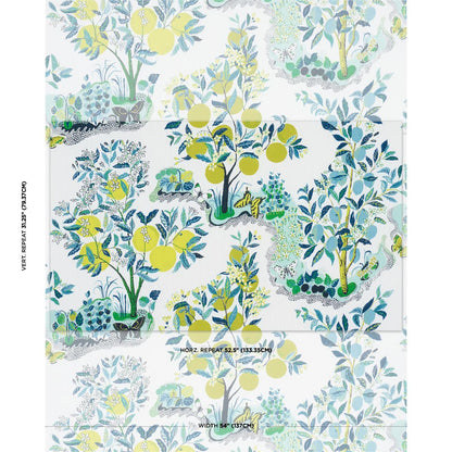 Schumacher Citrus Garden Indoor/Outdoor in Pool Blue Yellow Green Trees Toile Polyester Fabric Multi