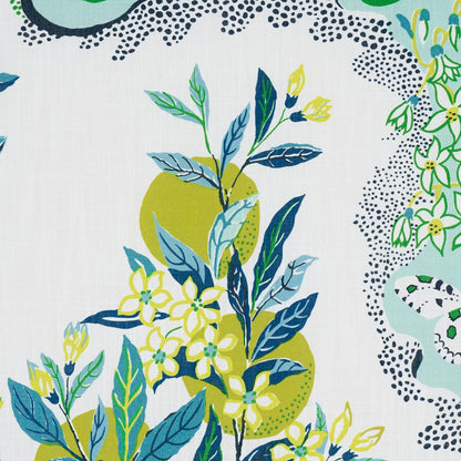 Schumacher Citrus Garden Indoor/Outdoor in Pool Blue Yellow Green Trees Toile Polyester Fabric Multi