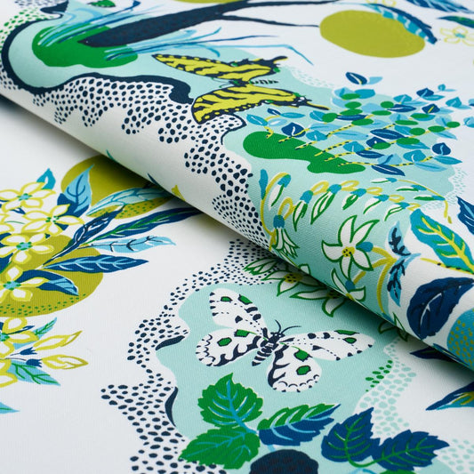 Schumacher Citrus Garden Indoor/Outdoor in Pool Blue Yellow Green Trees Toile Polyester Fabric Multi