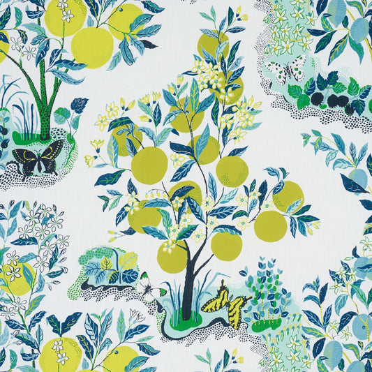 Schumacher Citrus Garden Indoor/Outdoor in Pool Blue Yellow Green Trees Toile Polyester Fabric Multi